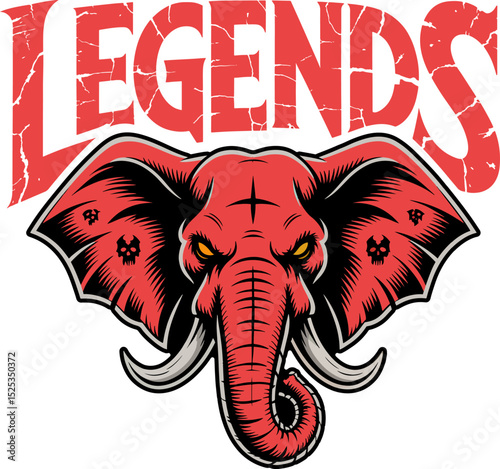Illustration of Strength and Legacy: An intense illustration features a crimson elephant head with the bold word "LEGENDS" atop. conveying a feeling of enduring legacy, leadership and strength. 