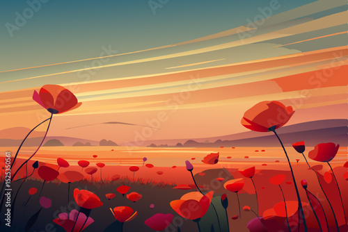 poppy field at sunset