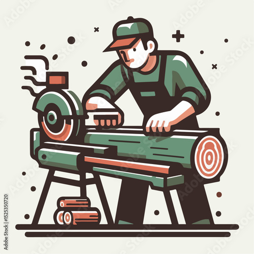 illustration of a man  cutting wood with a machine