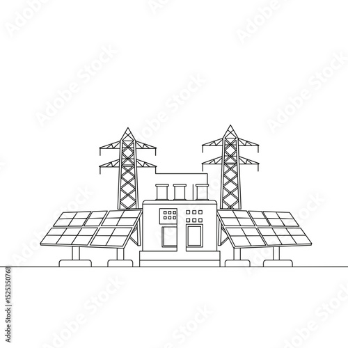 Solar power plant with solar panels and power transmission towers  
