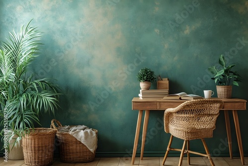 A cozy workspace with natural textures and vibrant greenery against an atmospheric, teal-colored wall, creating a sense of calm and inspiration.