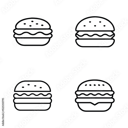Burger Icon Set Fast Food Outline Style Black and White