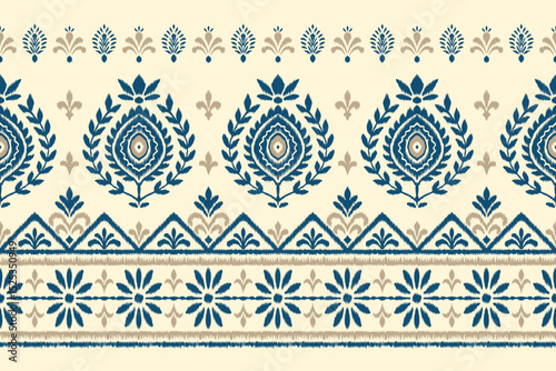 Ikat pattern with traditional ethnic blue and beige motifs in horizontal layout, perfect for bohemian fabric, fashion prints, tribal backgrounds, home textiles, and cultural-inspired designs.