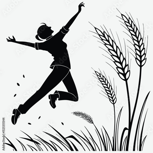 A person jumping with joy in a wheat field  silhouette image vector art and illustration	