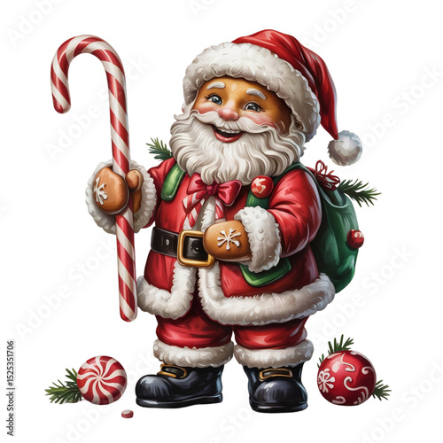 A cheerful Santa Claus stands holding a candy cane, surrounded by festive ornaments and greenery