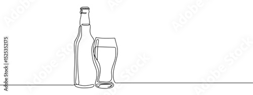Continuous line, beer glass and beer bottle Vector art lines, transparent background, edit stroke.