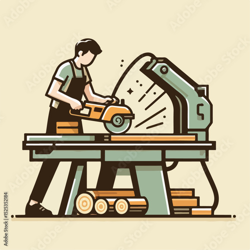 illustration of someone cutting wood with a machine