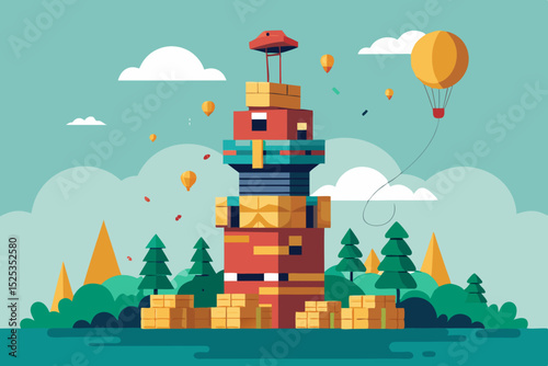 A tower of packages, carelessly piled one on top of the other, with an airy ribbon giving lightness to the chaos - a symbol of busyness and speed