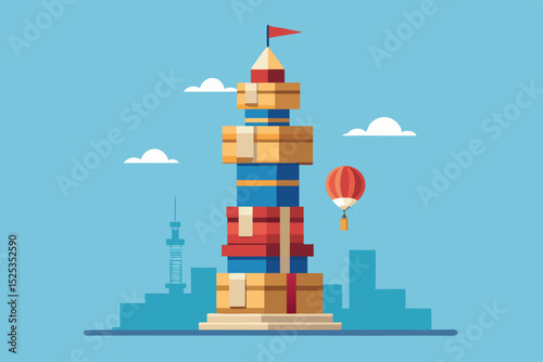 A tower of packages, carelessly piled one on top of the other, with an airy ribbon giving lightness to the chaos - a symbol of busyness and speed