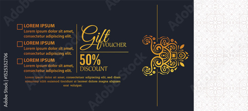 Golden Ornament Gift Voucher with Discount Offer Template Design