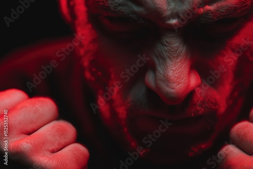 Man Gripped By Rage In Stark Red Light And Absolute Darkness photo