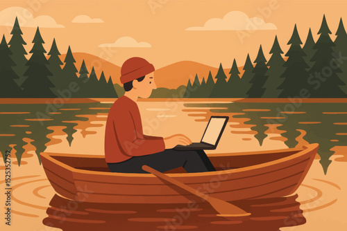 A person working remotely on a laptop while sitting in a wooden boat on a tranquil lake.