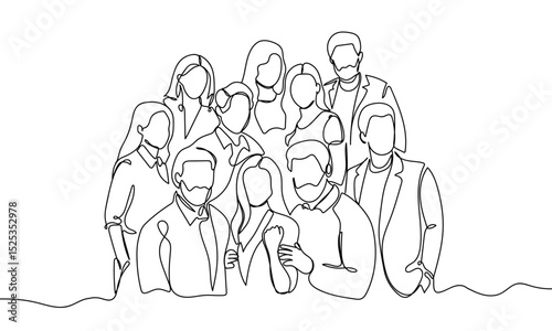 Continuous line, group of people taking a family photo, people of different ages. Vector art lines, transparent background, edit stroke.