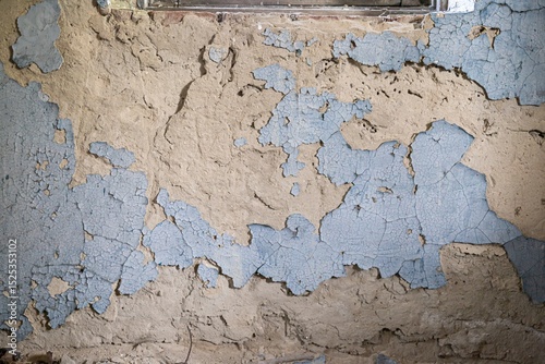 Fototapeta Naklejka Na Ścianę i Meble -  Cracked blue paint on clay wall surface, old peeling texture of damaged abandoned house wall, close-up background