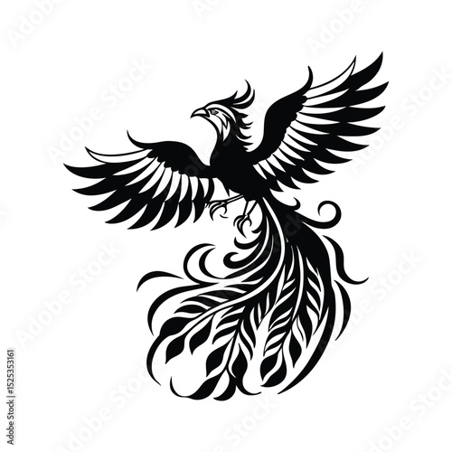 Elegant Black Phoenix Silhouette with Intricate Feather Details on White Background