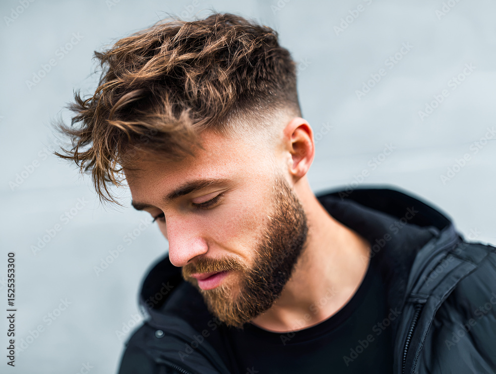 Fototapeta premium Young man with stylish tousled hair and beard, wearing a black jacket, gazes downward against a textured gray background, capturing a moment of introspection and modern fashion