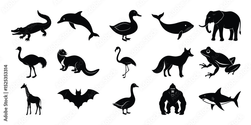 Fototapeta premium Silhouettes of Various Wild Animals and Birds in Vector Style set on white background 