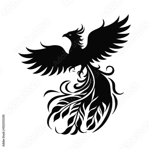 Elegant Phoenix Bird Silhouette with Intricate Feather Details and Curving Lines