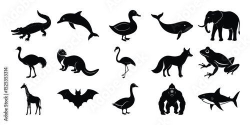 Photography Silhouettes of Various Wild Animals and Birds in Vector Style set on white backg