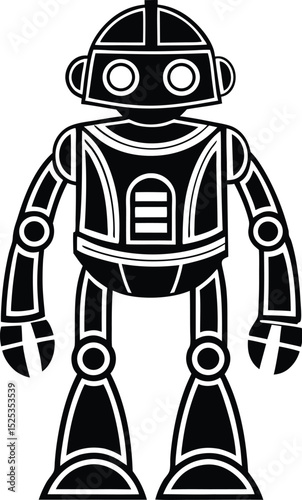 Toy robot silhouette, robot vector icon, mechanical toy design, simple android graphic, black robot illustration
