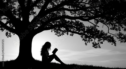 Girl Reading Under Tree Silhouette – Tranquil Storytelling Art
