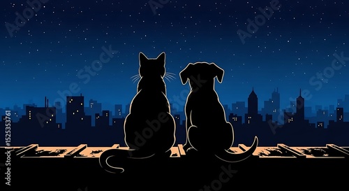 Cat and Dog Silhouettes Under Starry Sky – Best Friends Night Art
