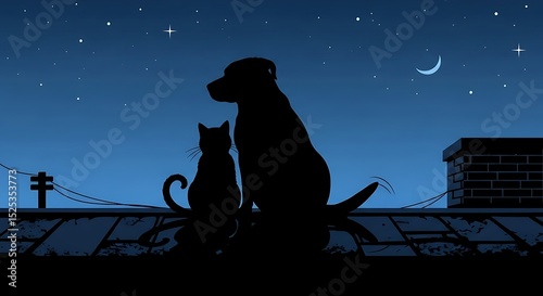 Cat and Dog Silhouette Under Starry Night – Friendship Animal Art
