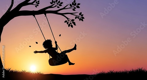 Child on Swing at Sunset – Joyful Childhood Silhouette Art
