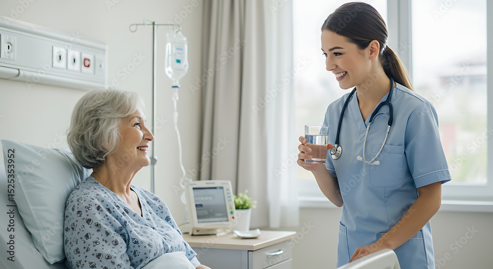 Obraz premium Caring Nurse Offers Water to Happy Senior Patient in Bright Hospital Room - Medical & Geriatric Care
