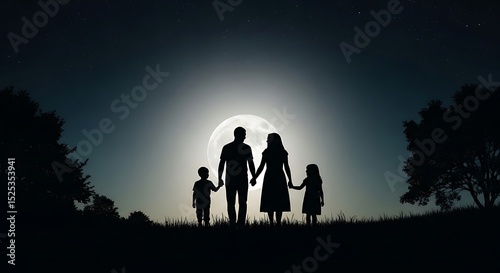Family Silhouette Walking at Night with Moonlight – Heartwarming Scene
