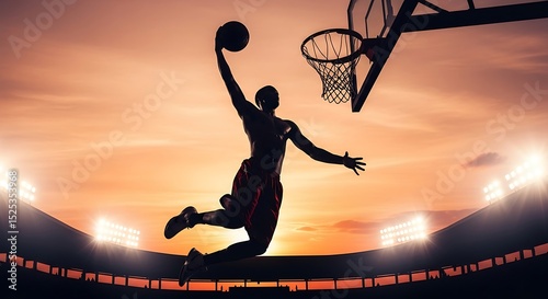 Basketball Player Slam Dunk Silhouette at Sunset – Dynamic Sports Art
