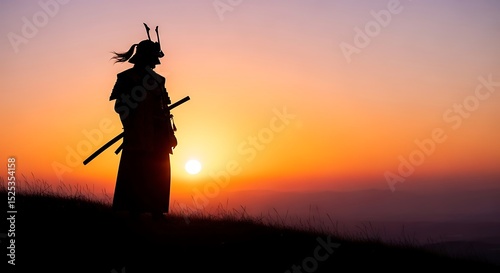 Lone Samurai Silhouette Against Vibrant Sunset – Heroic Warrior Art
