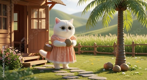 Charming White Cat in Dress Standing in Serene Garden Scene – Cute Pet Portrait
