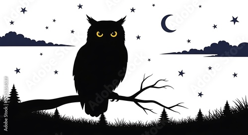 Owl and Crescent Moon – Mystical Night Bird Illustration
