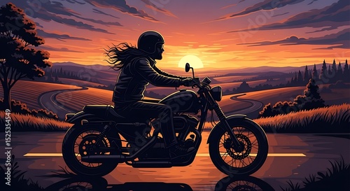 Motorcycle Couple Sunset Ride – Romantic Adventure Art
