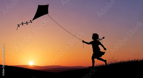 Girl Flying Kite at Sunset – Joyful Childhood Moment Art

