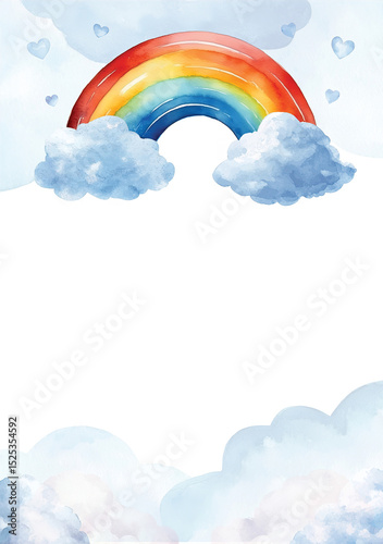Watercolour Rainbow Clouds and Hearts Invitation Poster Background Illustration Art.