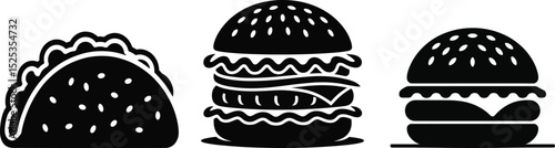 Simple black and white icons of taco, burger, and burger. eps 10 .