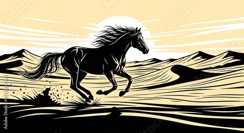 Dark Horse Galloping in Desert at Sunrise – Majestic Animal Silhouette Art
