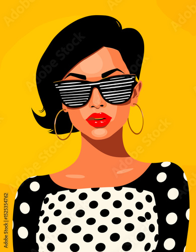 Stylish portrait of a woman in striped sunglasses and polka dot outfit against a bright yellow background  