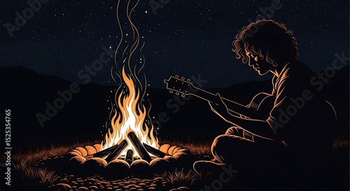 Person Playing Guitar by Campfire at Night – Cozy Outdoor Music Art
