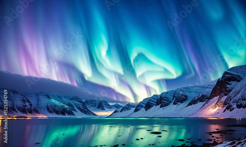 A majestic view of the Norwegian fiord aurora borealis