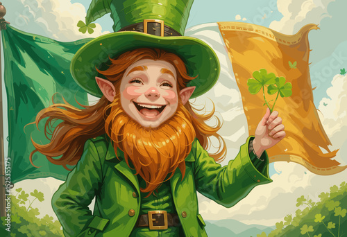 Cheerful leprechaun celebrating St. Patrick's Day with Irish flags and shamrock in a sunny landscape  
