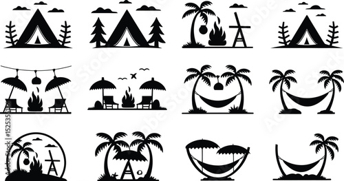 Simple Vector Icons Depicting Camping and Beach Vacation Activities eps 10 .