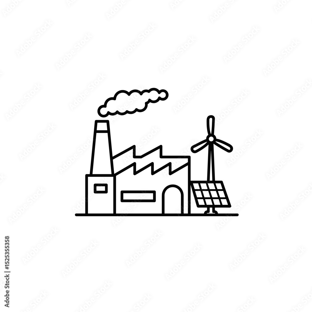 Fototapeta premium Industrial factory with smokestack, solar panels, and wind turbine 