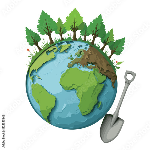 Illustration of the Earth with trees and a shovel, symbolizing environmental care and sustainability  