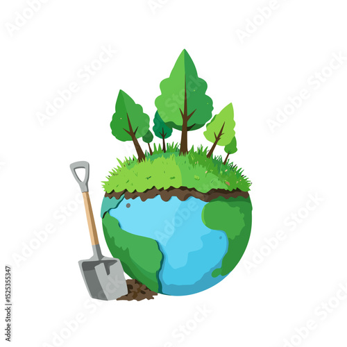 Stylized globe with trees and grass, accompanied by a shovel, symbolizing environmental sustainability and care  