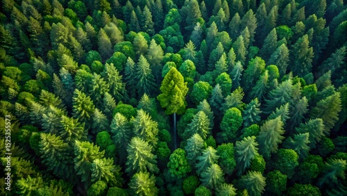 Aerial view of a dense forest with the tallest tree standing out