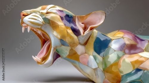 Colorful Roaring Cat Sculpture  Artistic Animal  Mosaic Design  High Resolution Image