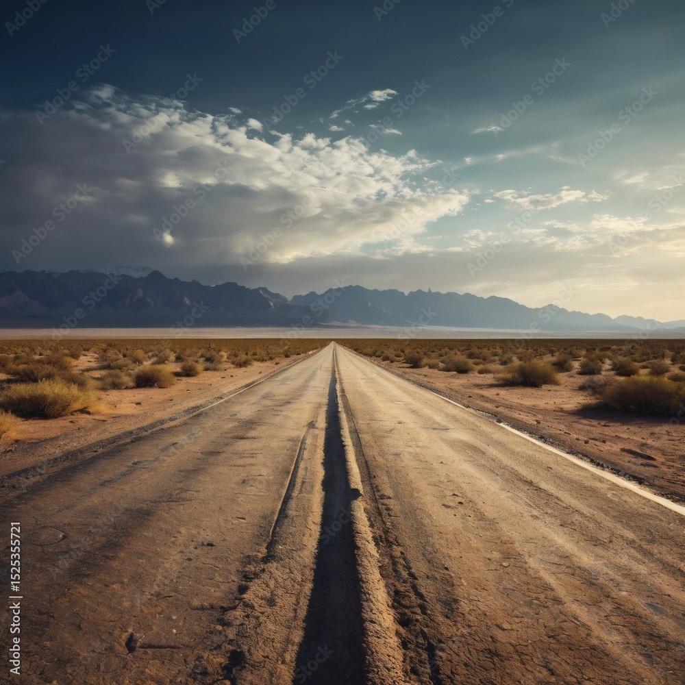 Naklejka premium Desert Road Leading into Distant Mountains under a Dramatic Sky